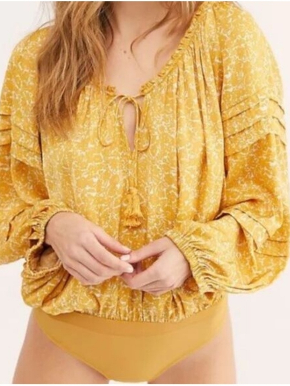 Free People Mustard Yellow Peasant Blouse with Tie Neck